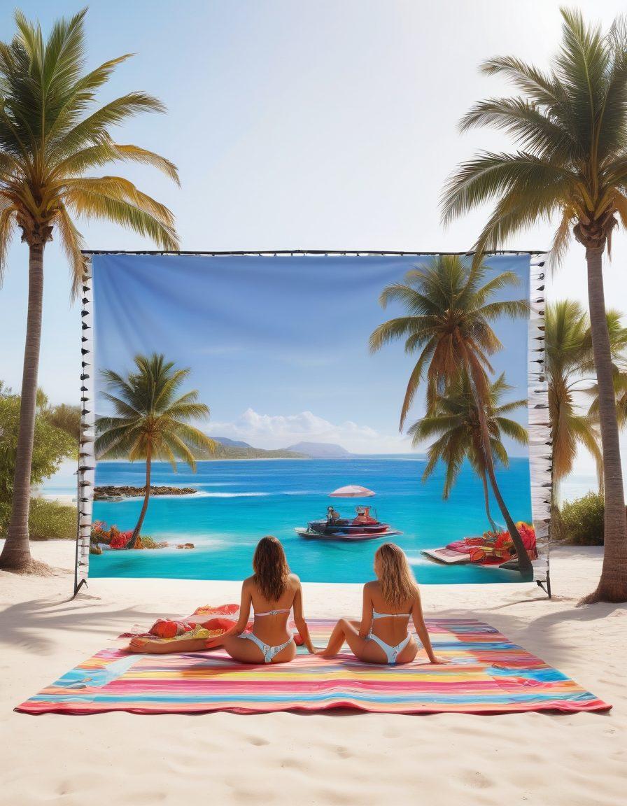 A vibrant beach scene showcasing stylish women in the latest thong swimwear trends, lounging on colorful beach towels with palm trees in the background. In the foreground, include a cinema screen displaying iconic beach films, while beachgoers enjoy the sun and surf. Bright colors and a cheerful atmosphere to evoke summer vibes. super-realistic. vibrant colors. white background.