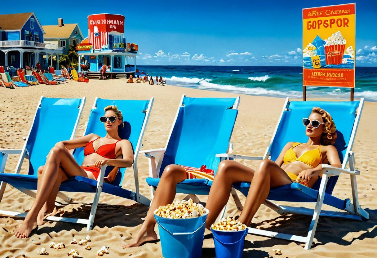 A vibrant beach scene featuring colorful swimwear displayed alongside classic film posters, with beachgoers enjoying the sun and waves in the background. Include a cozy beach chair and a bucket of popcorn near the water's edge, all under a bright blue sky. The atmosphere should radiate summer fun and cinematic excitement. super-realistic. vibrant colors. bright blue sky.